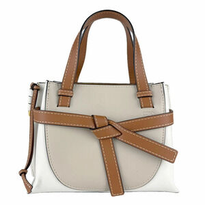 Loewe Gate Top Handle Leather 2way Shoulder Bag Brown Beige White